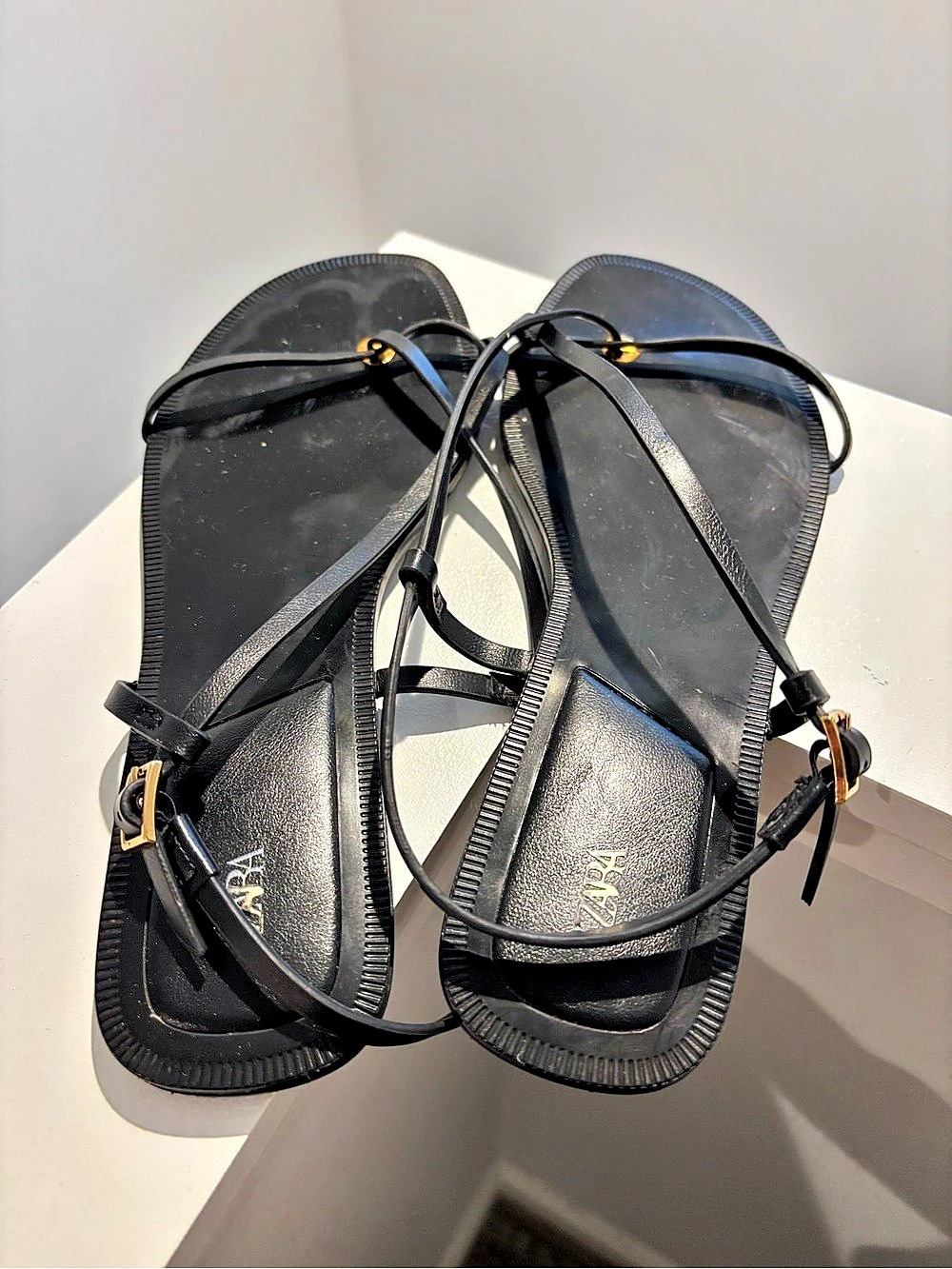 Zara Flat jelly leather Sandals with Metallic Detail Black